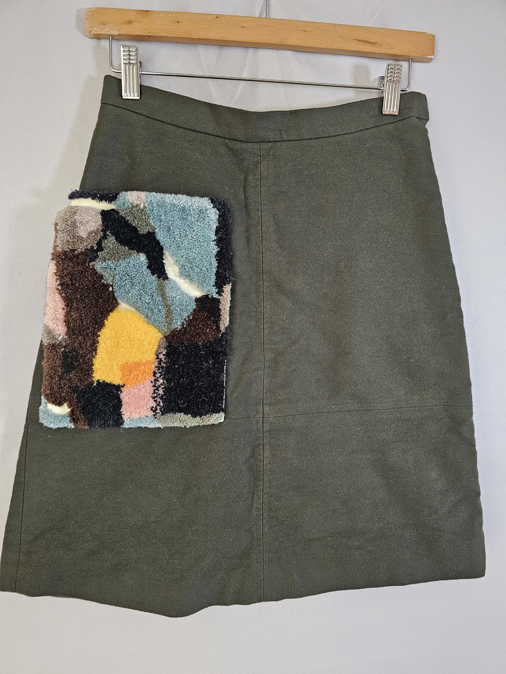 Rachel Comey Olive Green Cotton Skirt with Textured Multi-Color Patch Pocket – 2